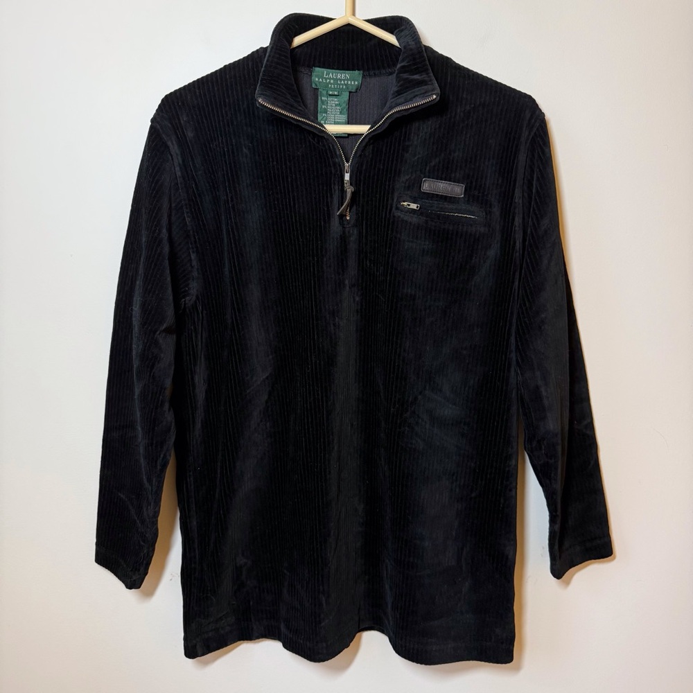 Lauren Ralph Lauren 1/4 zip sweater black rib knit cotton spandex